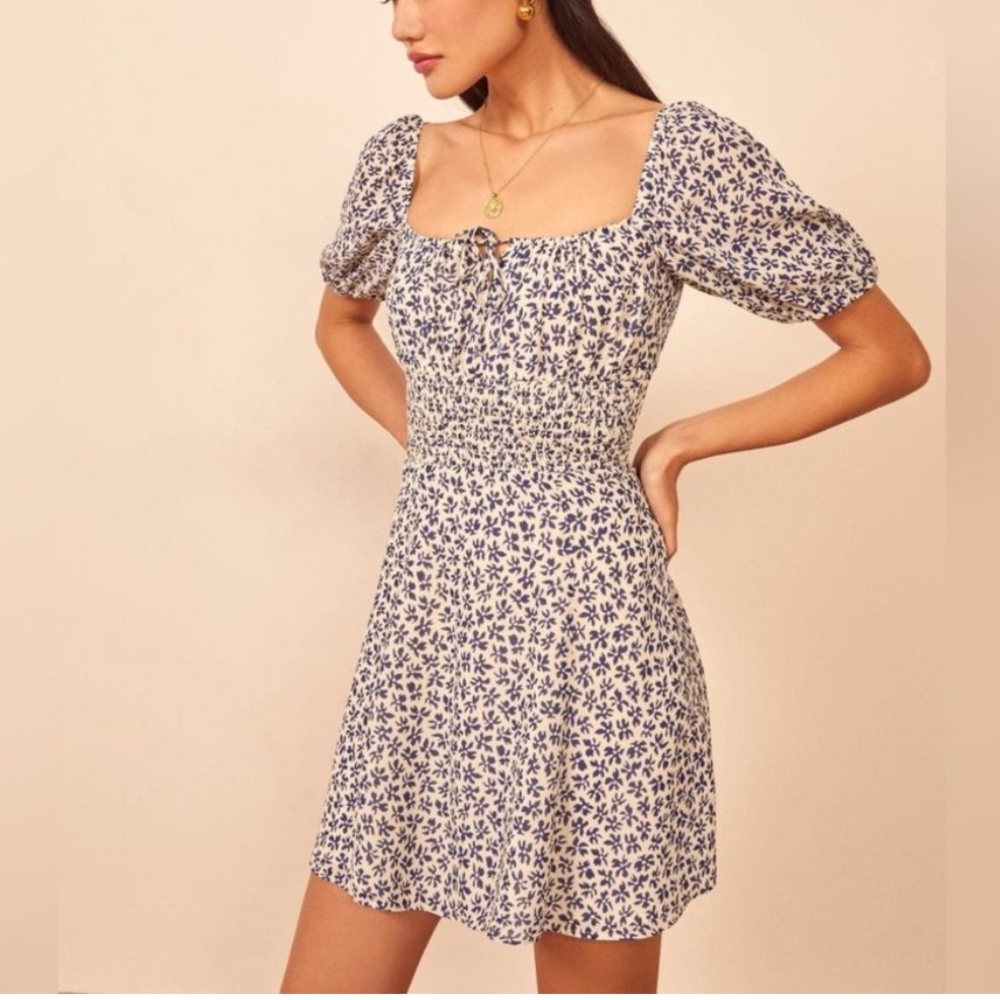 Reformation blue and white floral mini dress